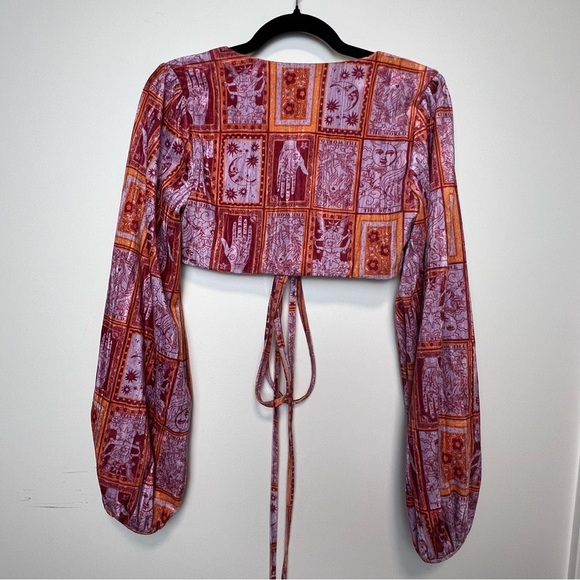 Urban Outfitters Boho Pink Patchwork Wrap Top Balloon Sleeve Crop Blouse M - Picture 6 of 6